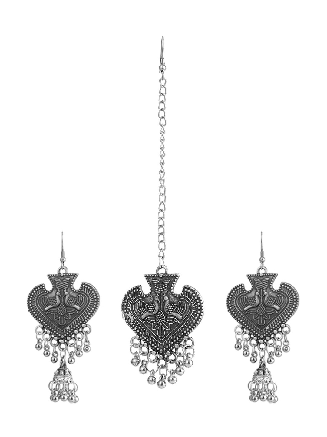 VENI Oxidised Beads Paan Shape Earrings And Mang Tika set