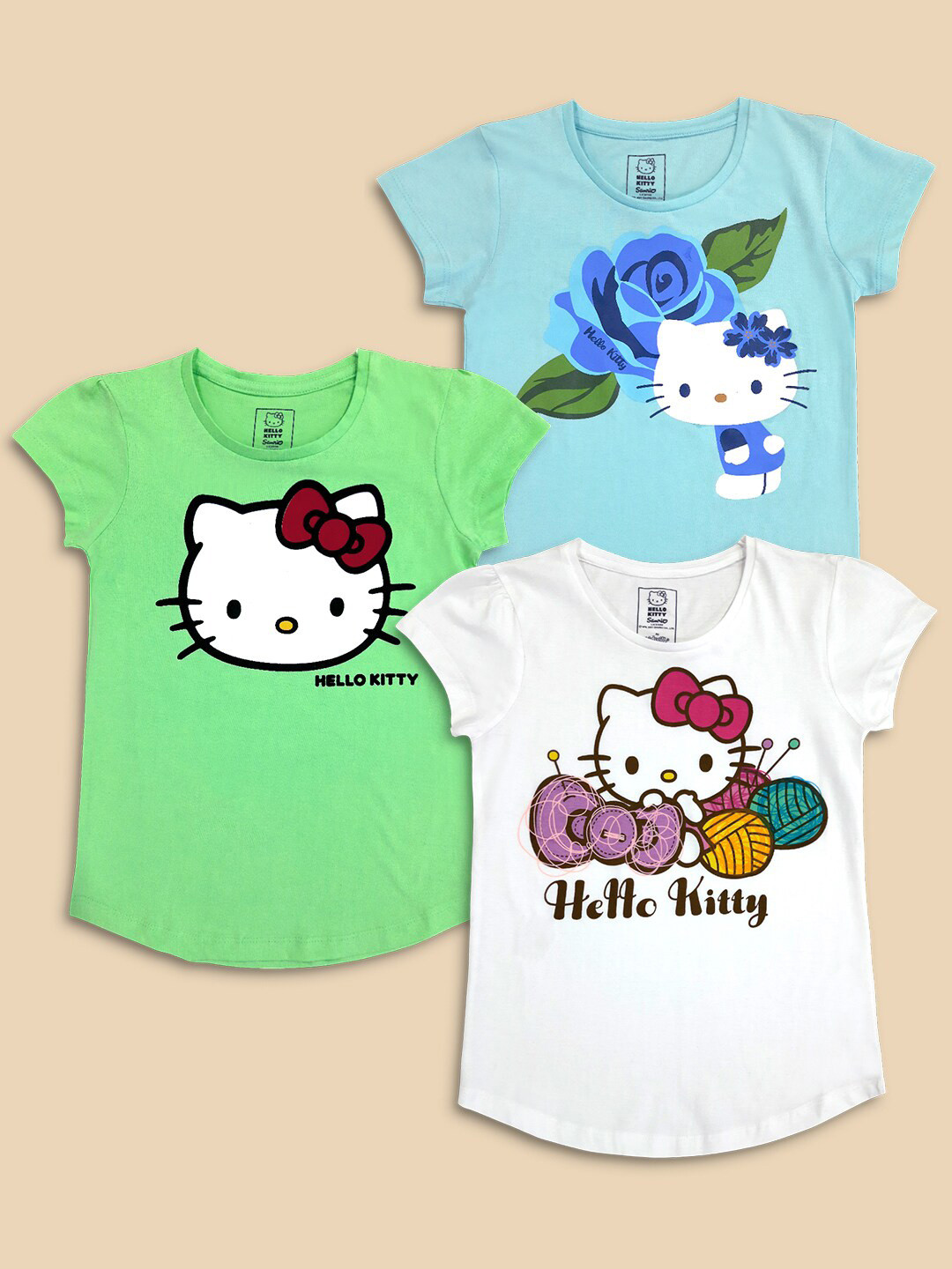 Kids Ville Girls Pack of 3 Hello Kitty Printed Pure Cotton Tshirts