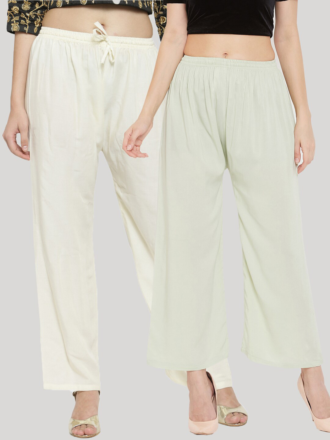 Clora Creation Pack of 2 Women Cream & Sea Green Solid Viscose Rayon Palazzos