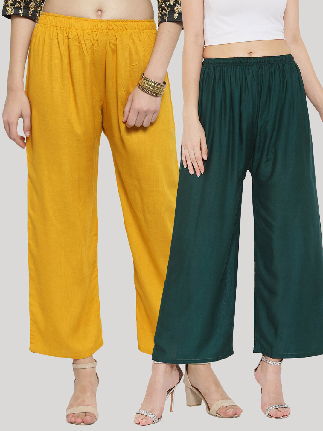 Clora Creation Pack of 2 Women Mustard Yellow & Green Solid Viscose Rayon Palazzos