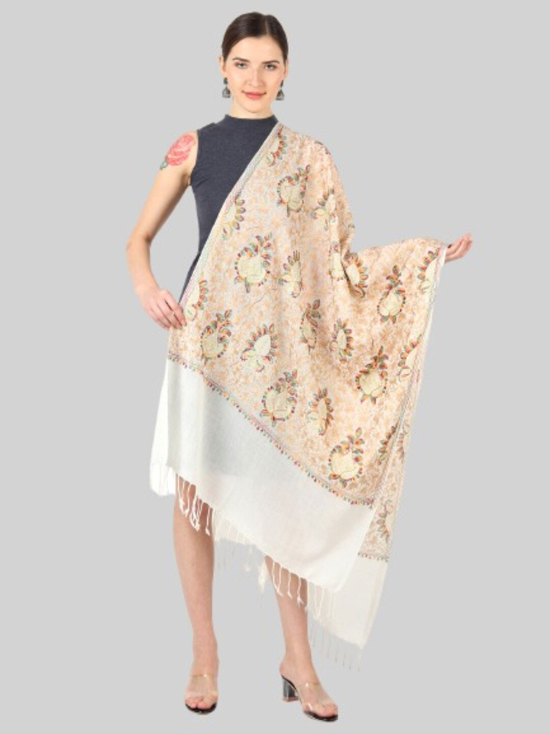 MUFFLY Women White & Beige Wool Embroidered Stole