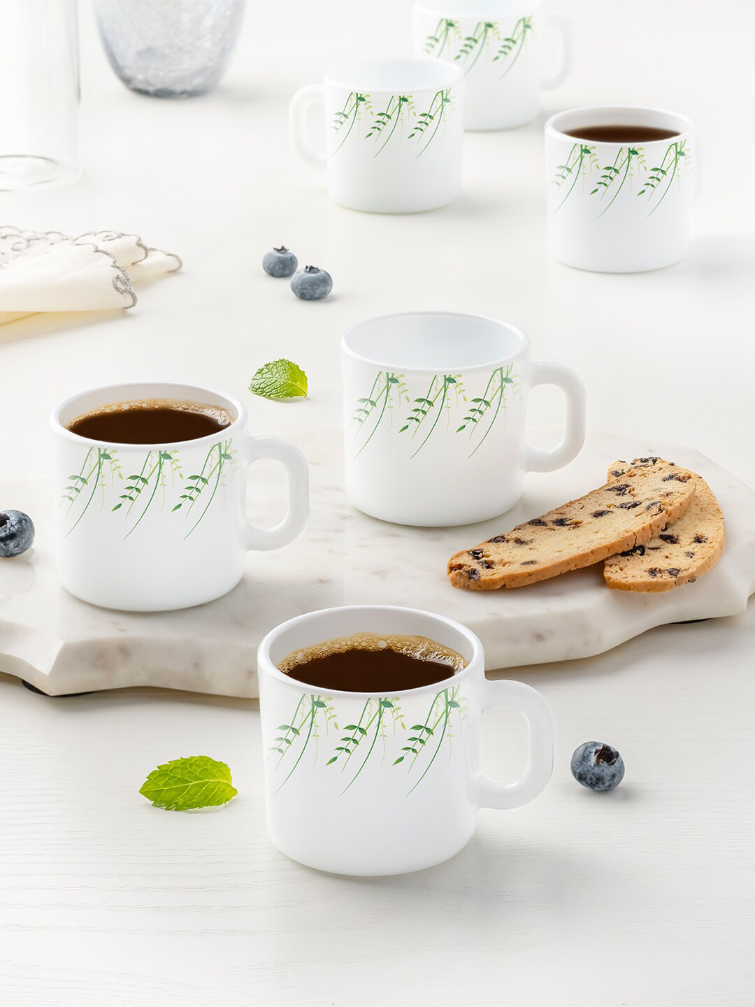 Larah by BOROSIL Abir Name Personalised White Leaf Opalware Microwave Safe 6 Piece Mugs-180ml