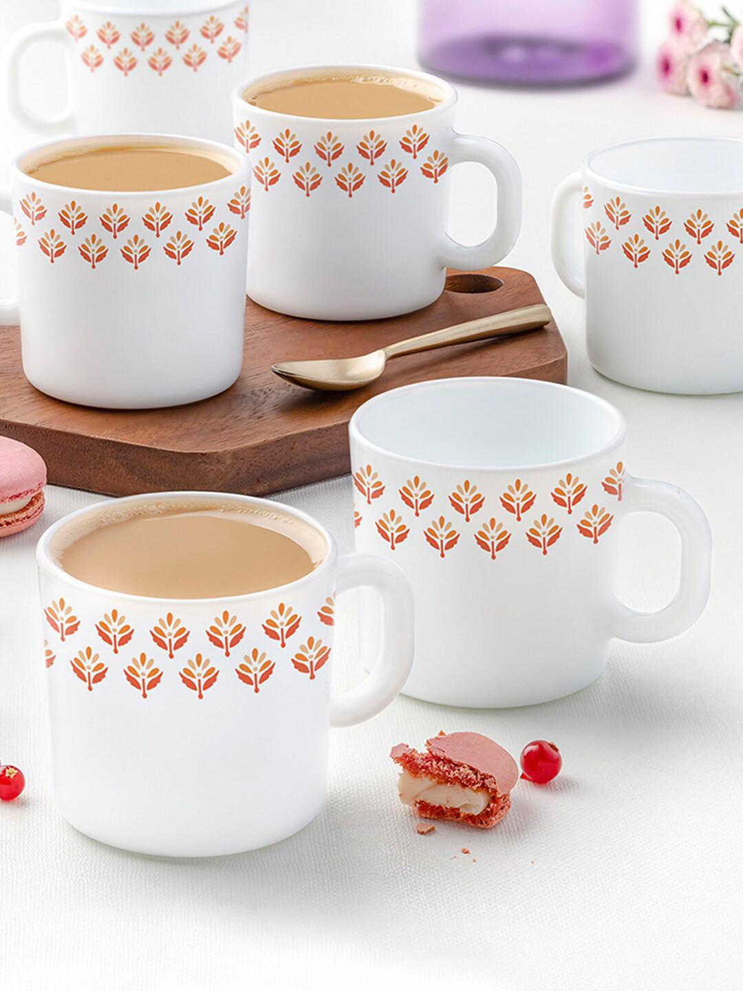 Larah by BOROSIL White & Orange Geometric Printed Opalware Glossy Cups and Mugs