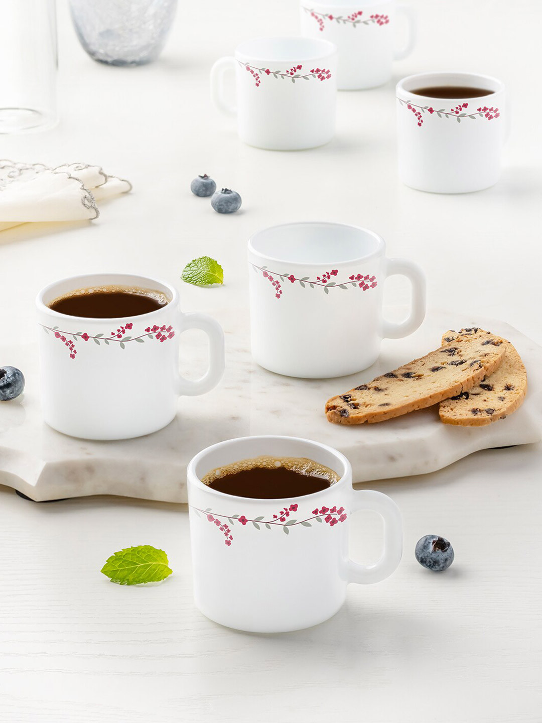 Larah by BOROSIL Reindeer Design White Floral Opalware Microwave Safe 6 Piece Mugs-180ml