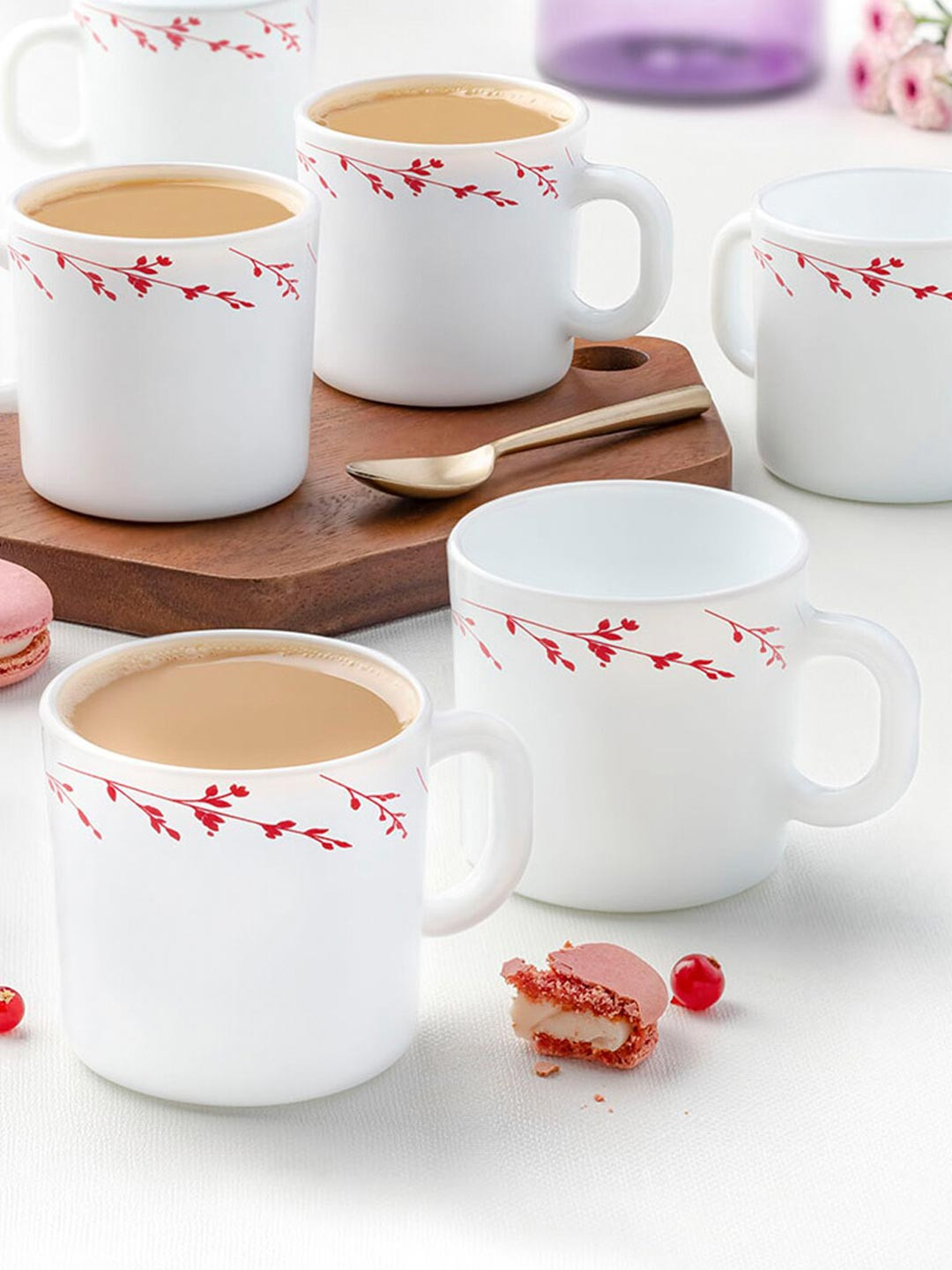 Larah by BOROSIL White & Red Hand Painted Printed Opalware Glossy Mugs Set of Cups and Mugs