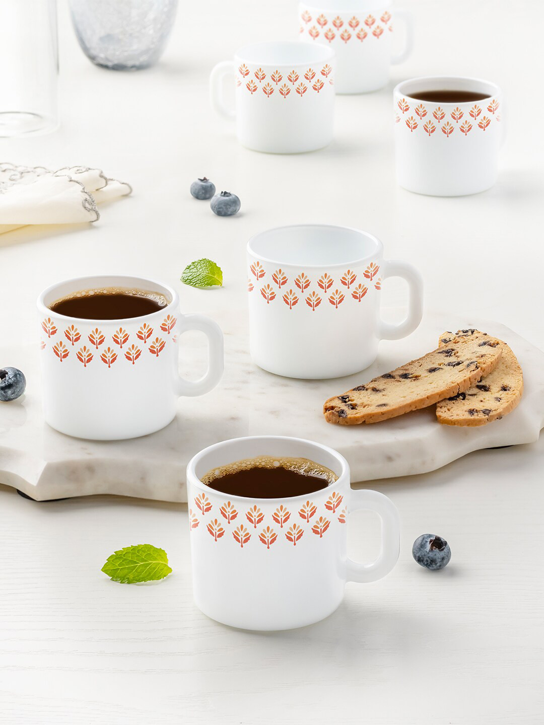 Larah by BOROSIL White & Orange Floral Printed Opalware Glossy Mugs Set of Cups and Mugs