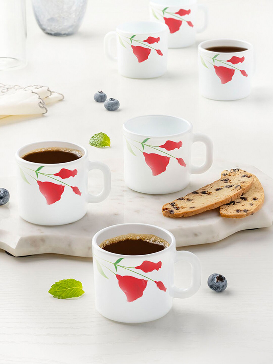 Larah by BOROSIL Sunsign Theme White Floral Opalware Microwave Safe 6 Piece Mugs-390ml