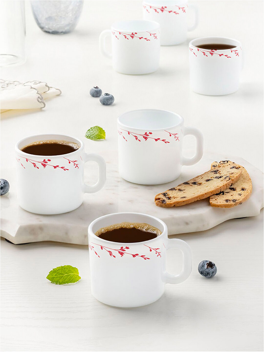 Larah by BOROSIL Studio Pottery White Leaf Opalware Microwave Safe 6 Piece Mugs-400ml