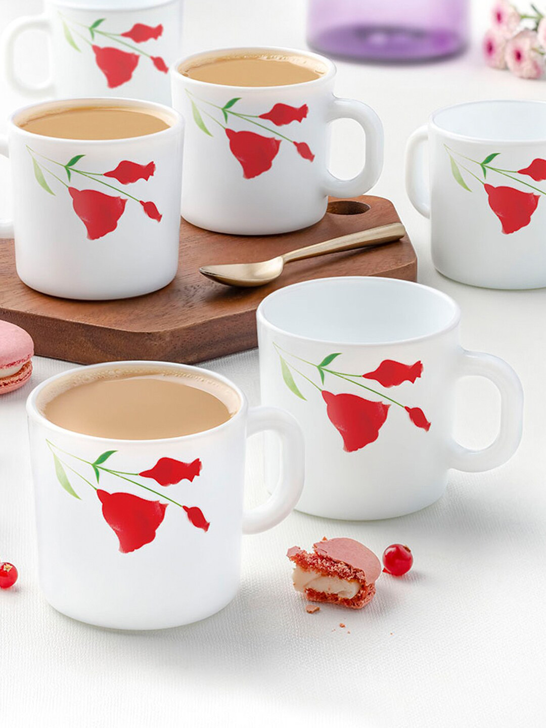 Larah by BOROSIL White & Red Printed Opalware Glossy Mugs Set of 6 Cups and Mugs