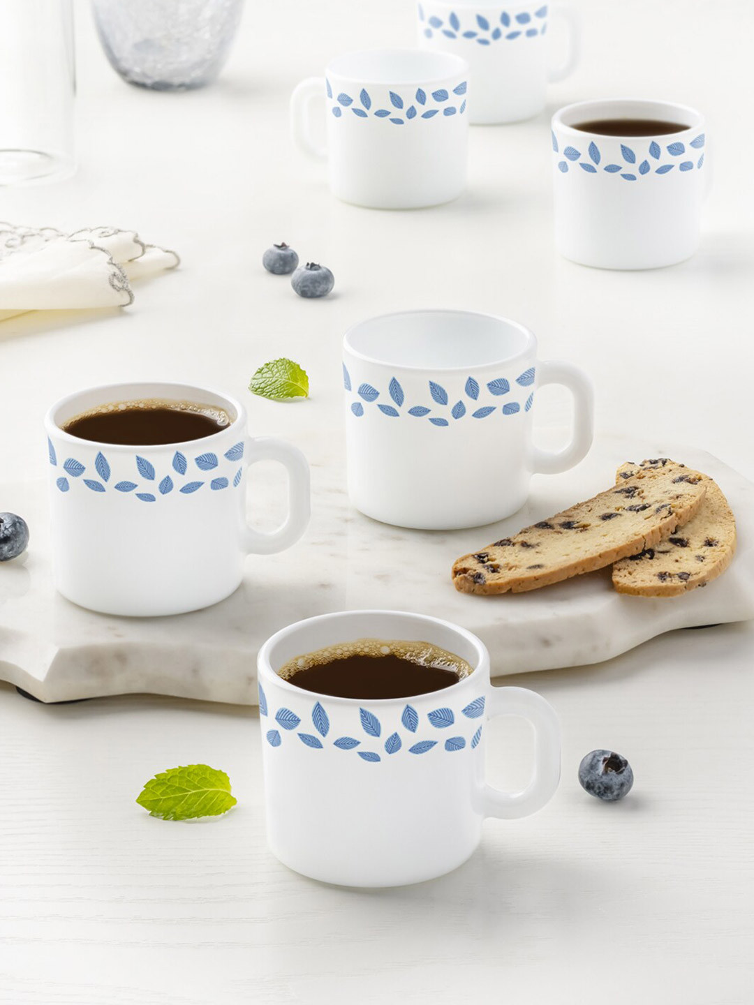 Larah by BOROSIL Mothers Day Gift White Leaf Opalware Handmade 6 Piece Mugs-240ml
