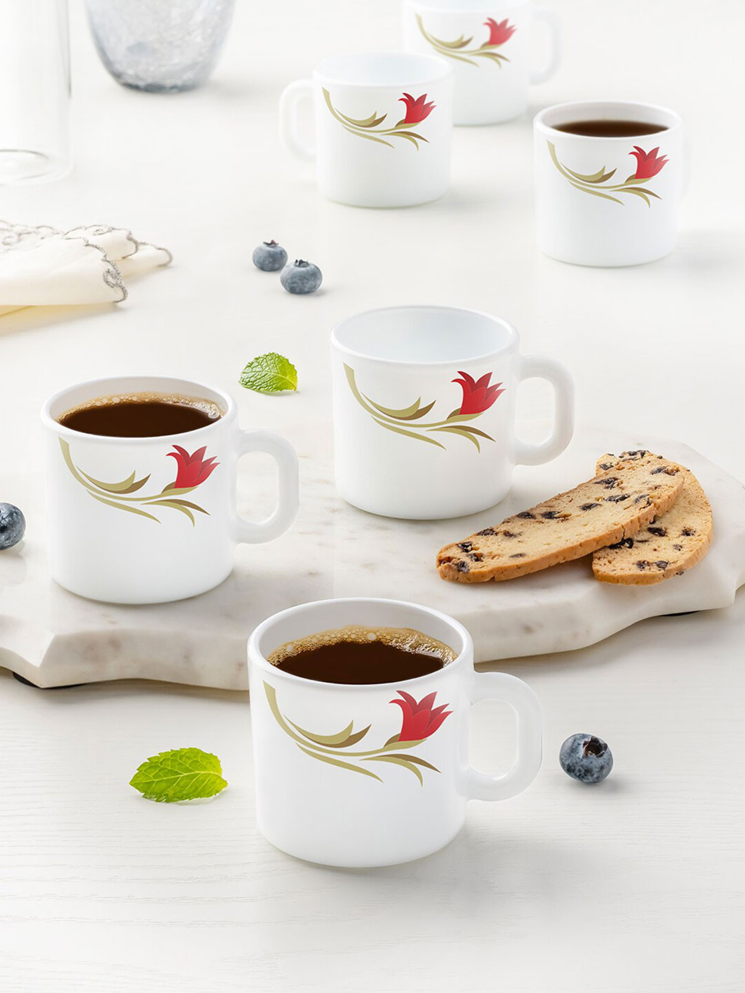 Larah by BOROSIL Heart White Floral Opalware Microwave Safe 6 Piece Mugs-100ml