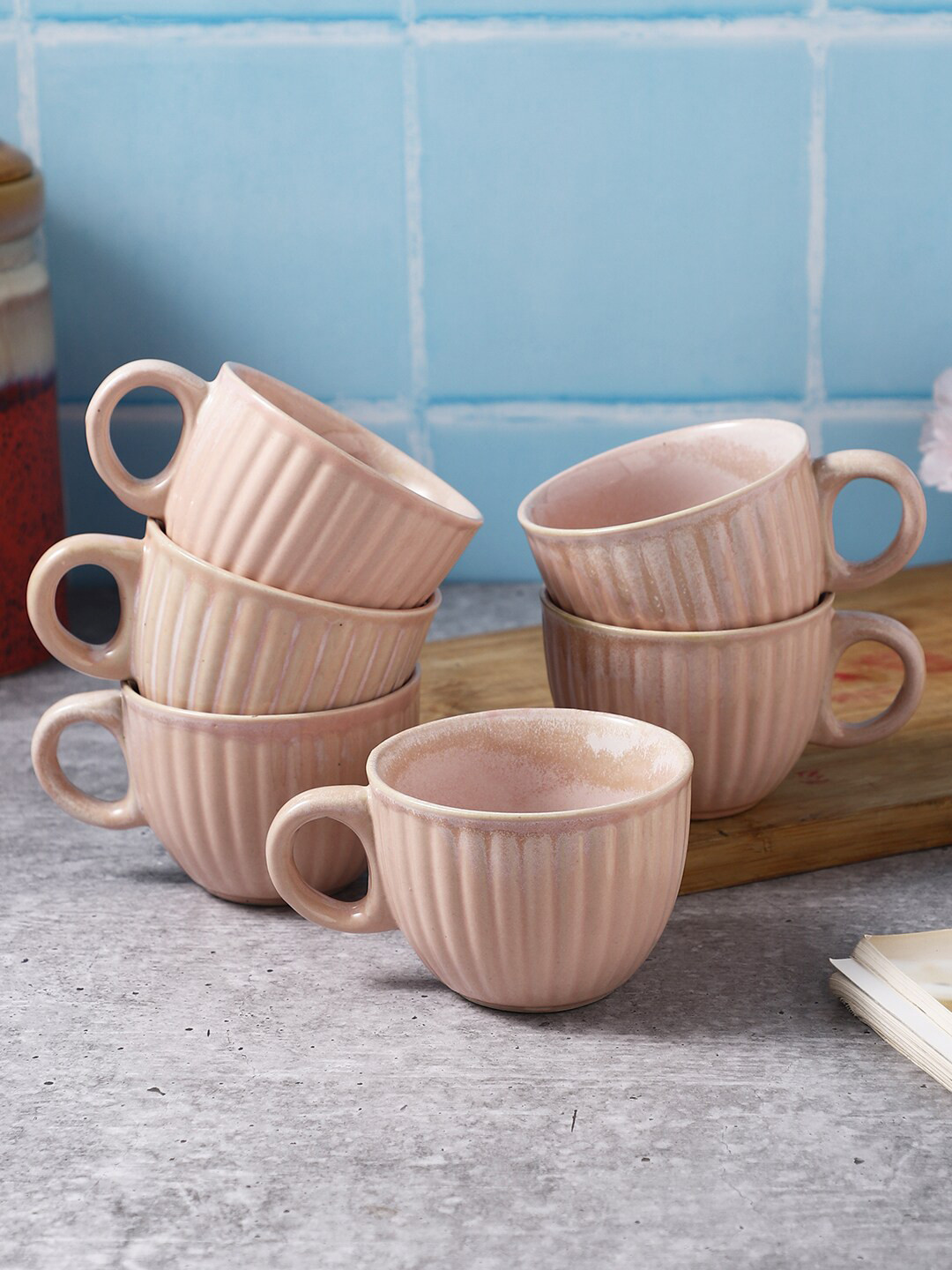 MIAH Decor Banjeet Name Personalised Pink Textured Stoneware Microwave Safe 6 Piece Cups-170ml