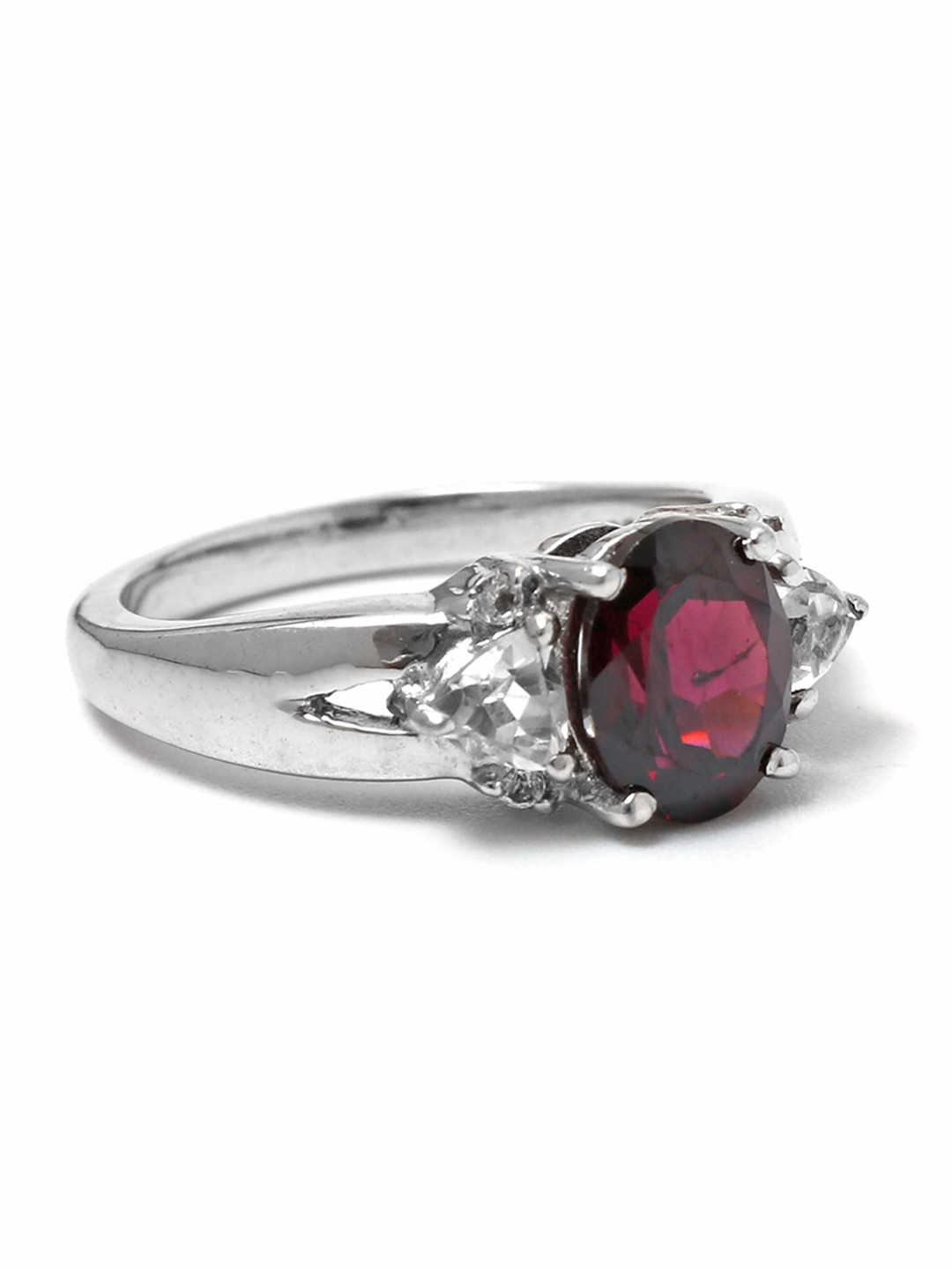 HIFLYER JEWELS Rhodium-Plated Silver-Toned Red & White Topaz Stone Studded Finger Ring
