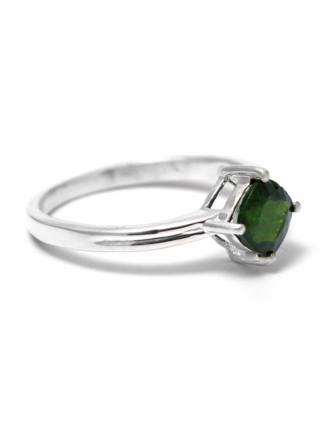 HIFLYER JEWELS Rhodium-Plated Silver-Toned Green Diopside Gemstone Studded Finger Ring