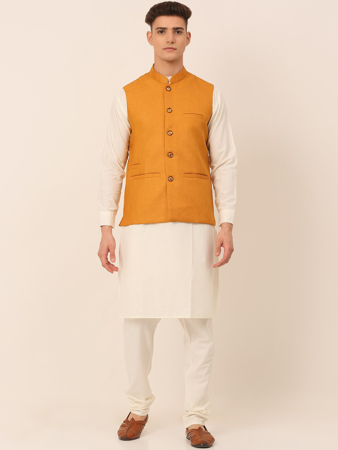 Jompers Men's Mustard Yellow Layered Kurta Pyjama With Nehru Jacket