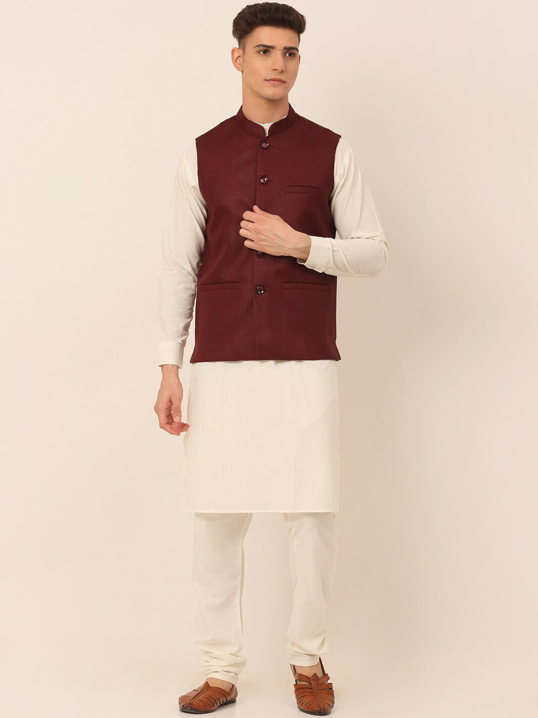 Jompers Men Maroon Layered Kurta with Churidar & Nehru Jacket