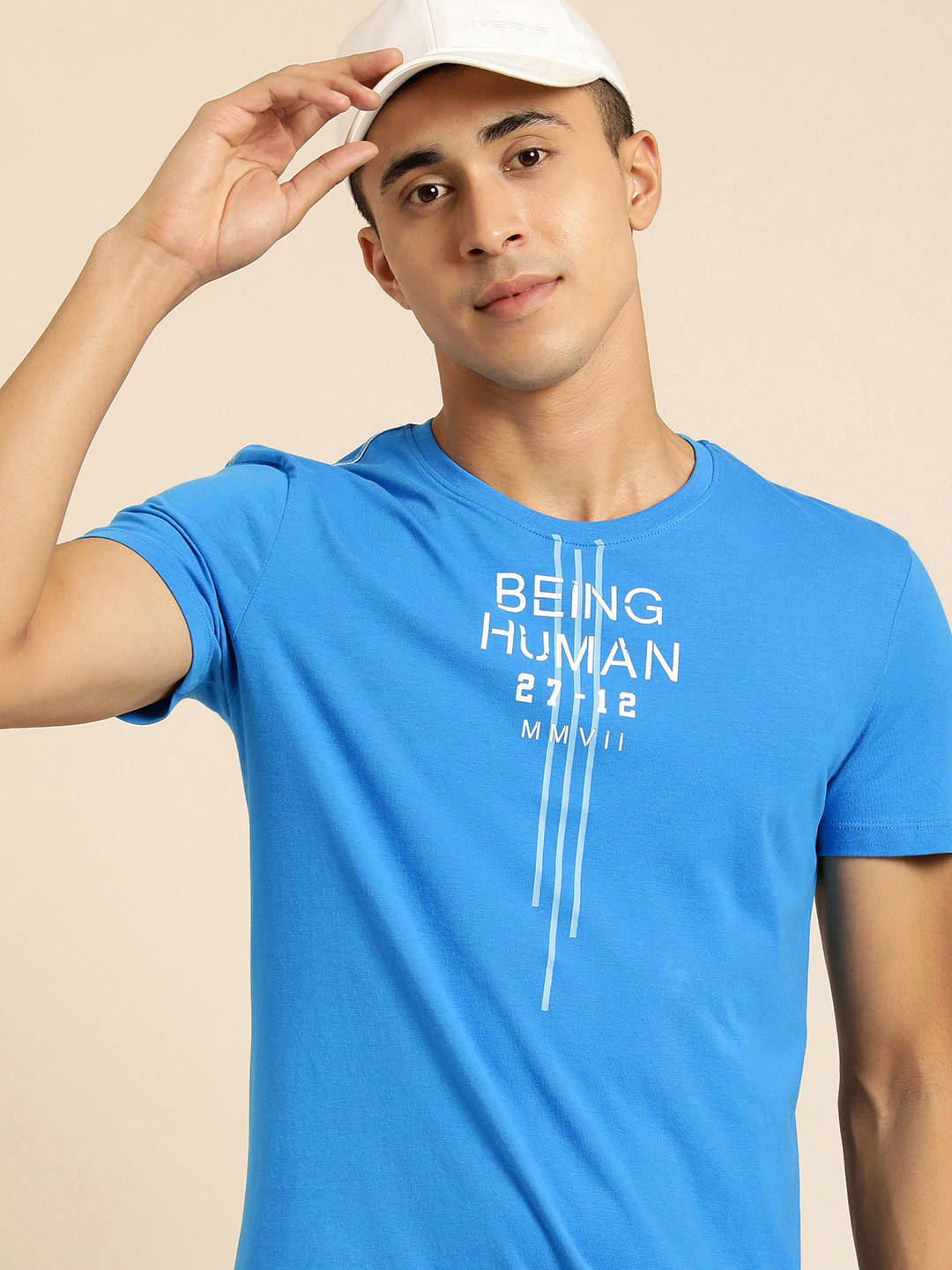 Being Human Men Blue & White Typography Printed Pure Cotton T-shirt