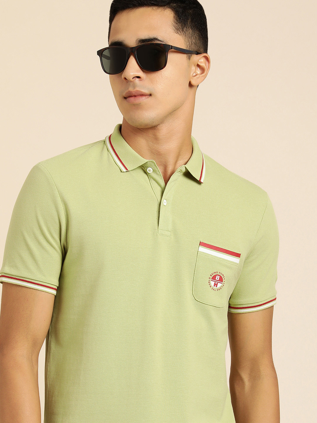 Being Human Men Green Polo Collar Pure Cotton T-shirt