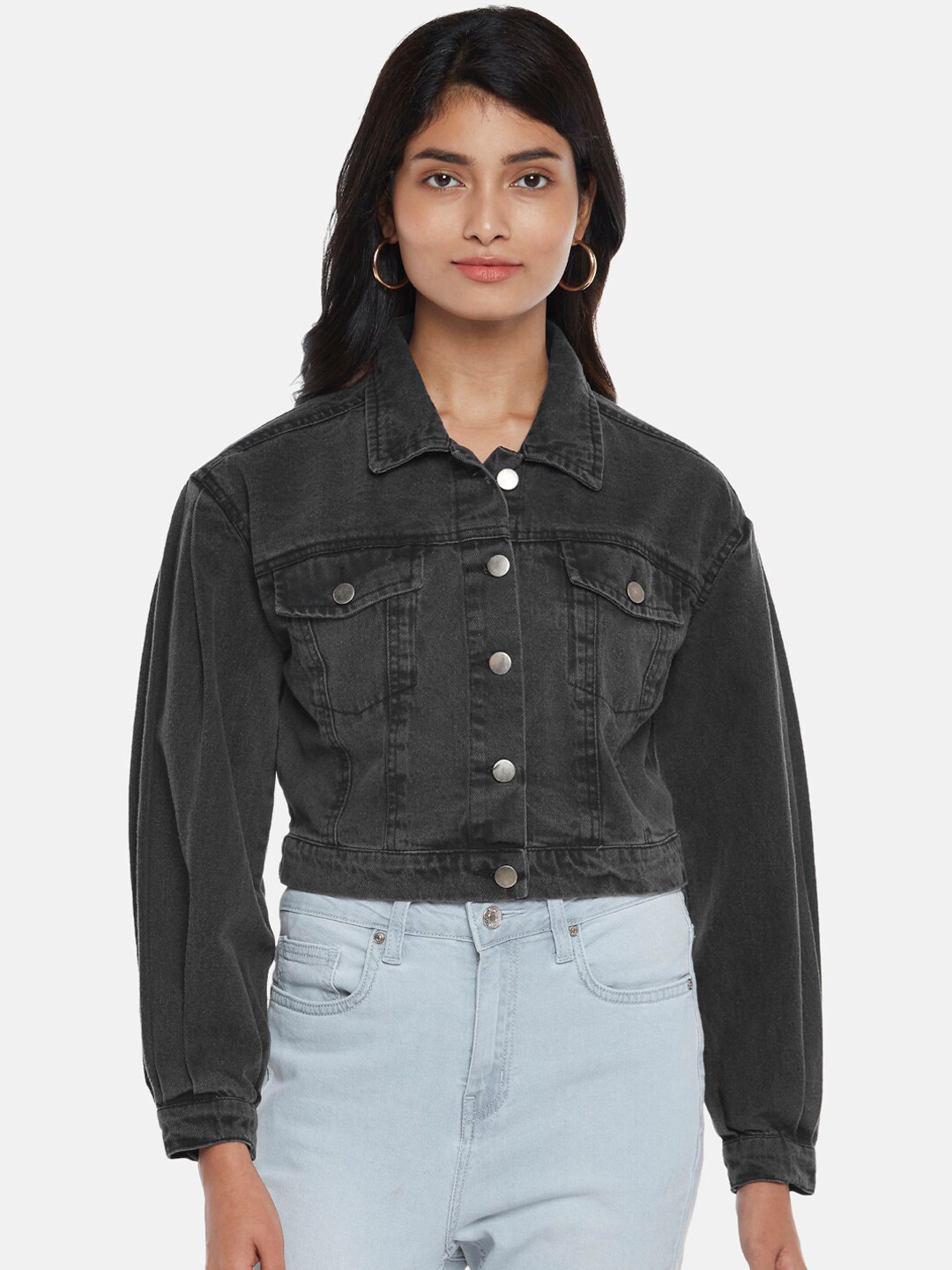 Honey by Pantaloons Women Grey Crop Denim Jacket