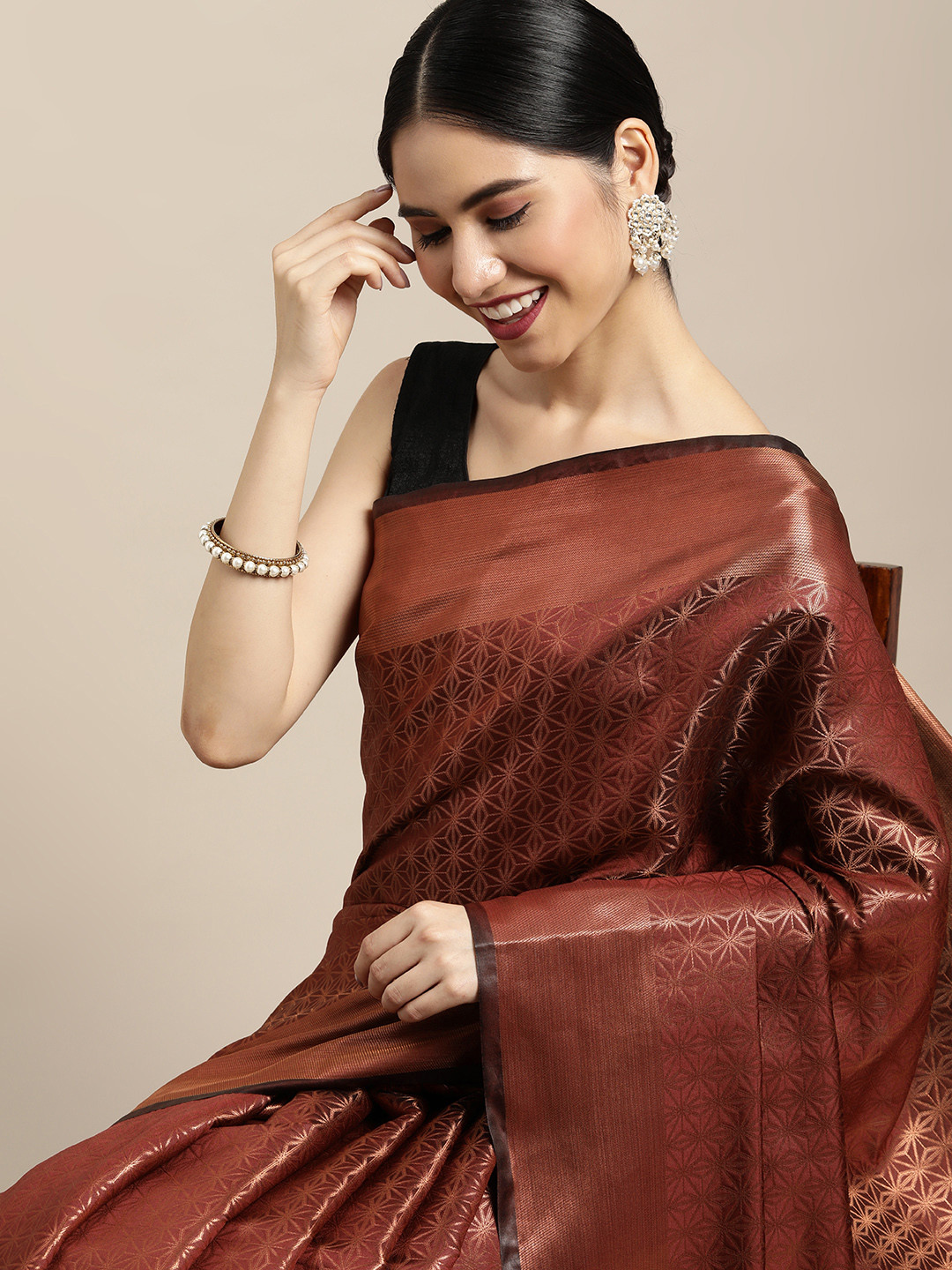 Mitera Maroon & Copper Zari Kanjeevaram Saree