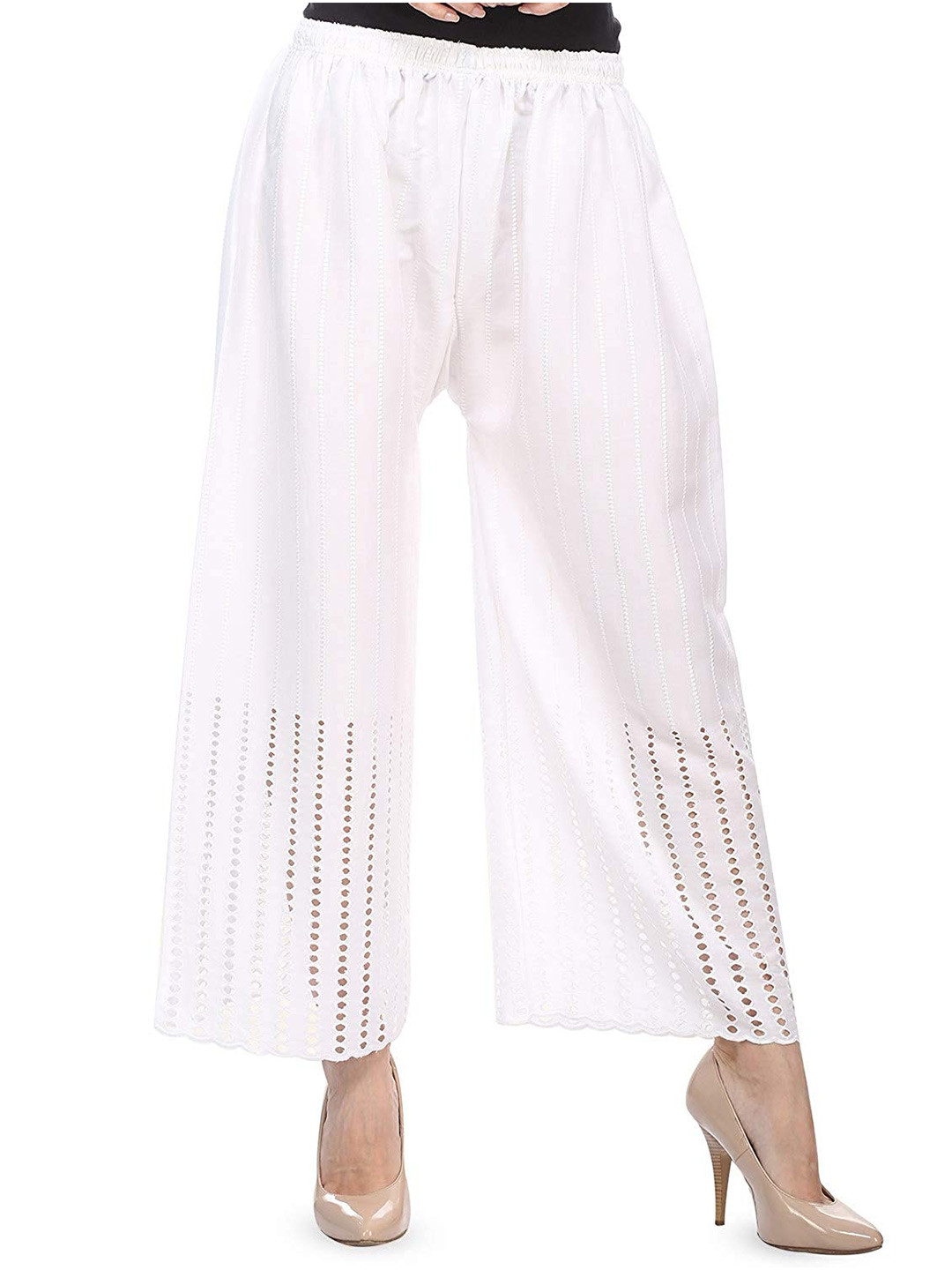 Trendzmy Women White Embroidered Flared Handloom Ethnic Palazzos
