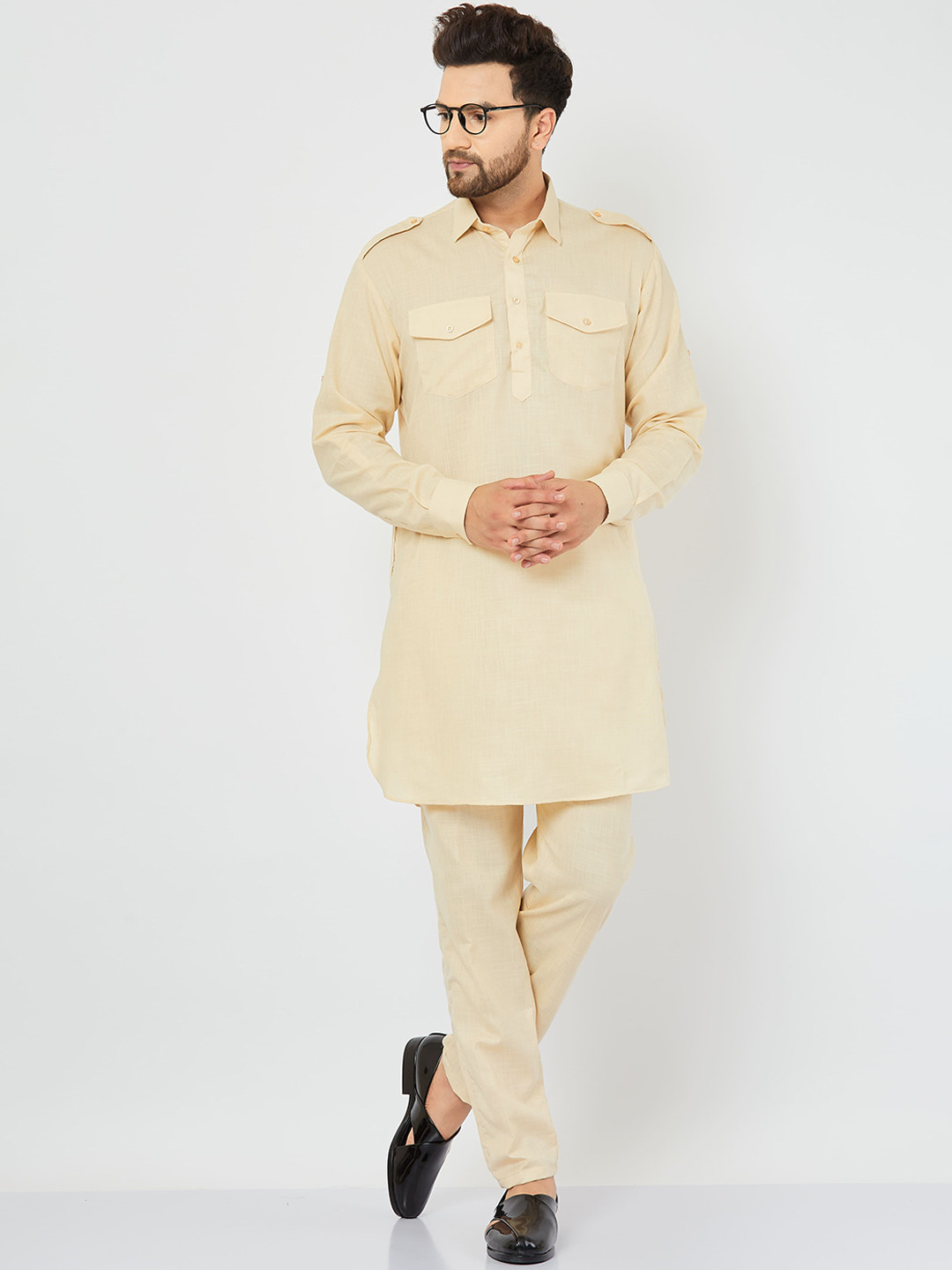 Armaan Ethnic Men Beige Solid Linen Pathani Kurta with Salwar
