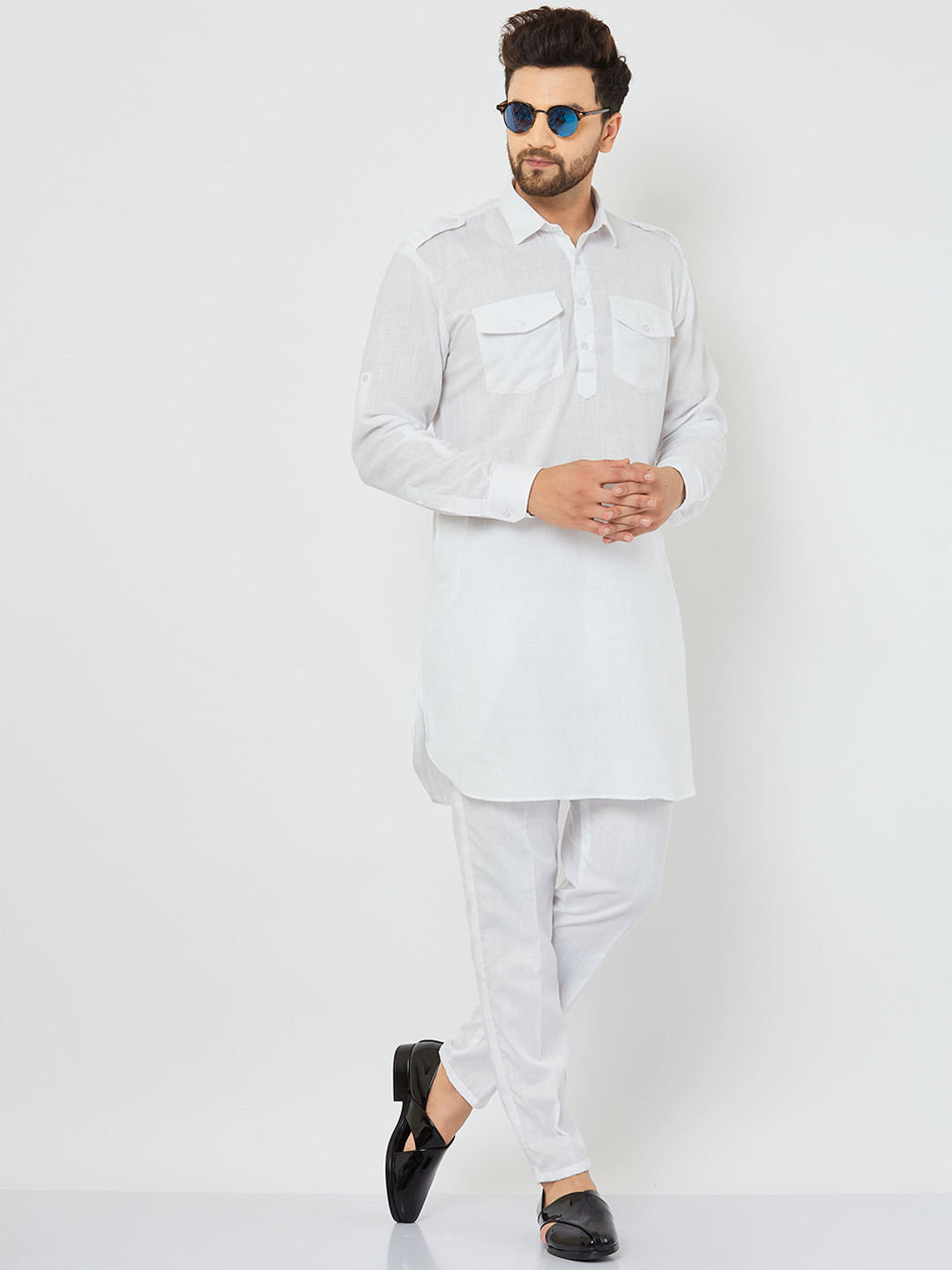 Armaan Ethnic Men White Solid Linen Pathani Kurta with Pyjamas