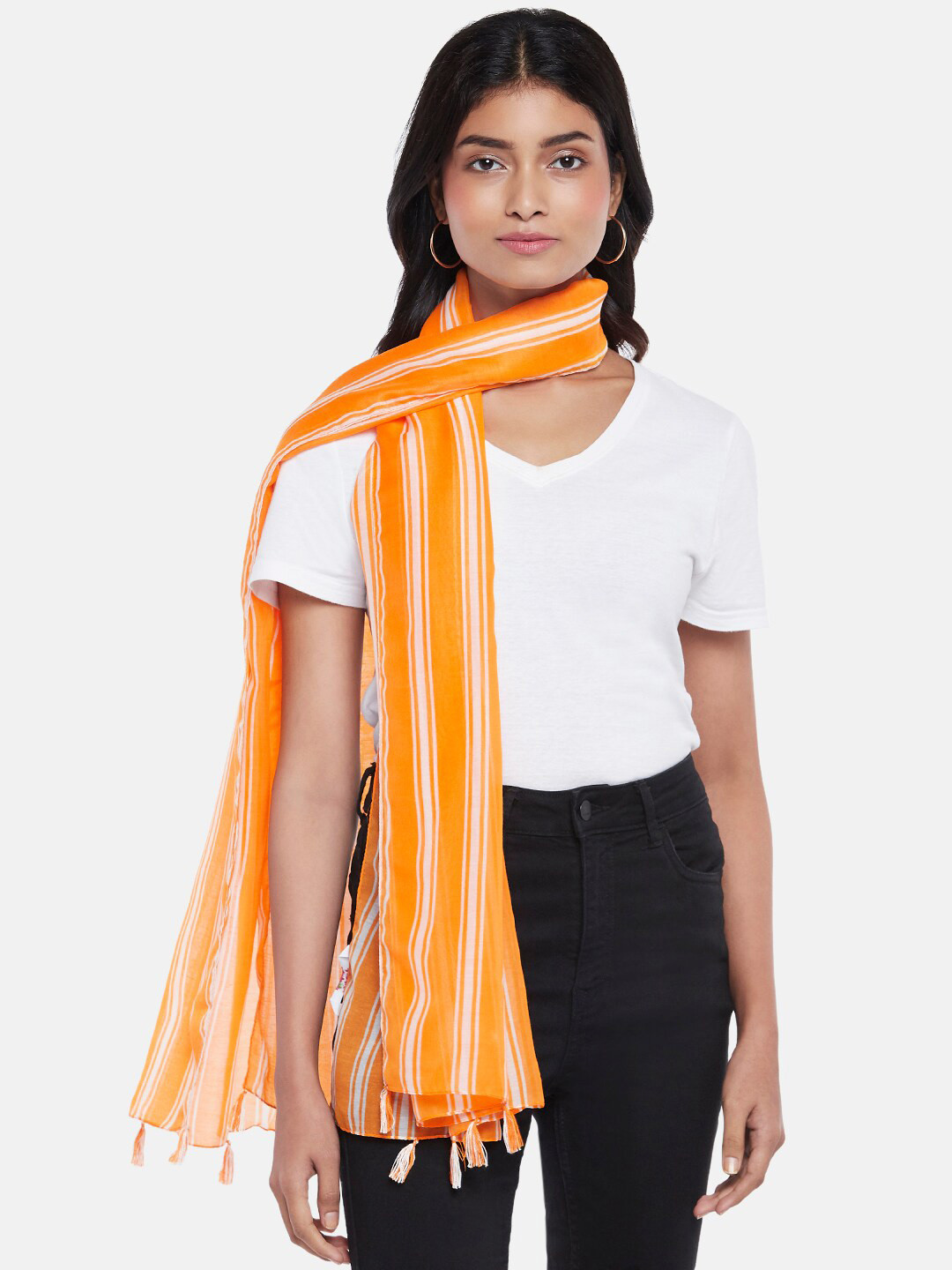 Honey by Pantaloons Women Orange & Cream-Coloured Striped Scarf