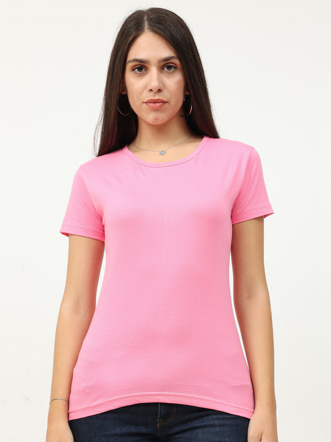Fleximaa Women Pink Solid Round Neck Short Sleeves T-Shirt