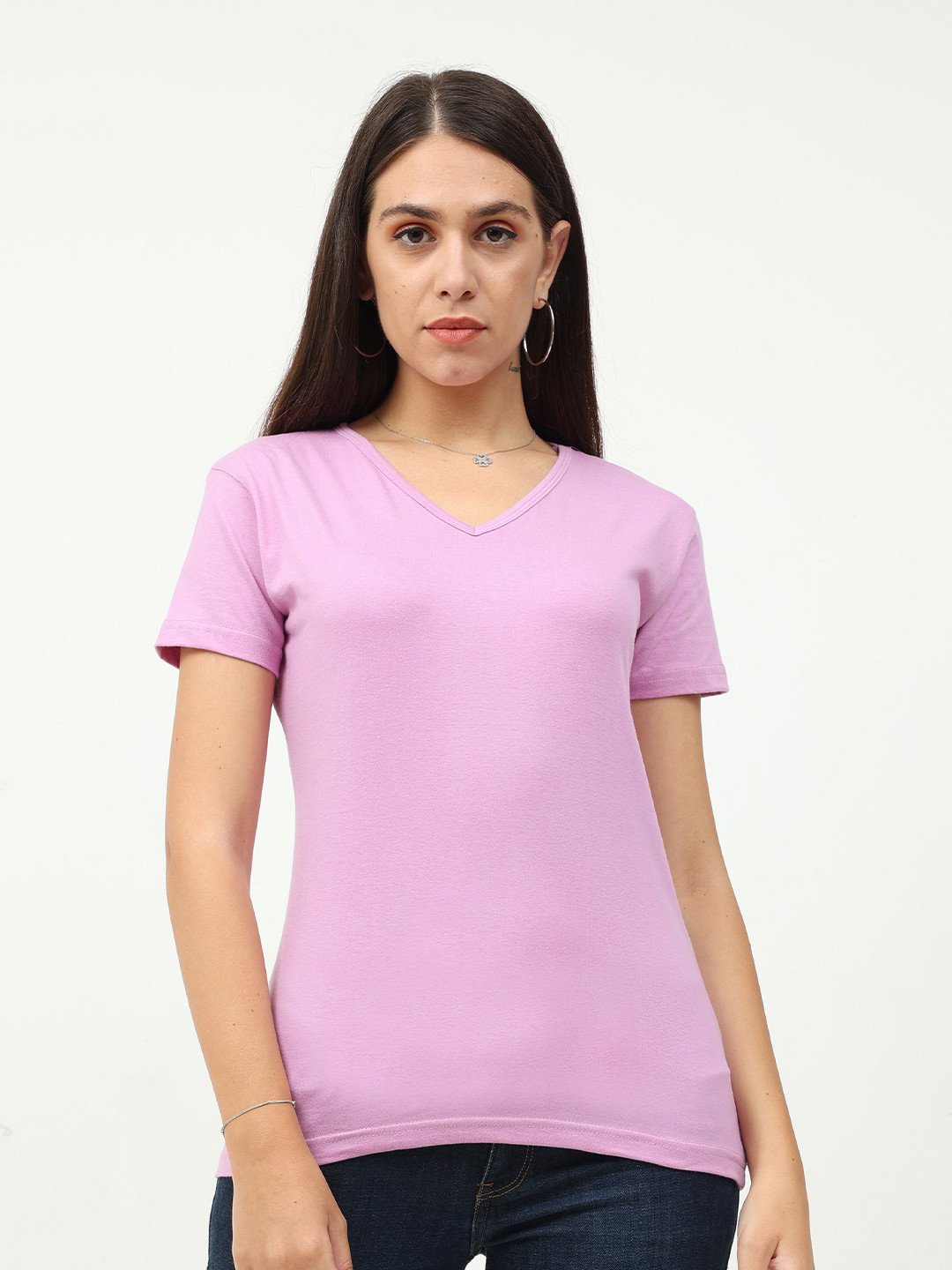 Fleximaa Women Lavender V-Neck Half Sleeve T-shirt