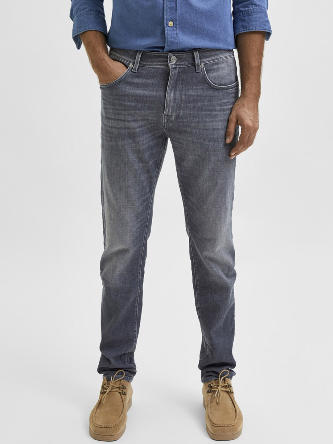 SELECTED Men Grey Low-Rise Heavy Fade Stretchable Jeans