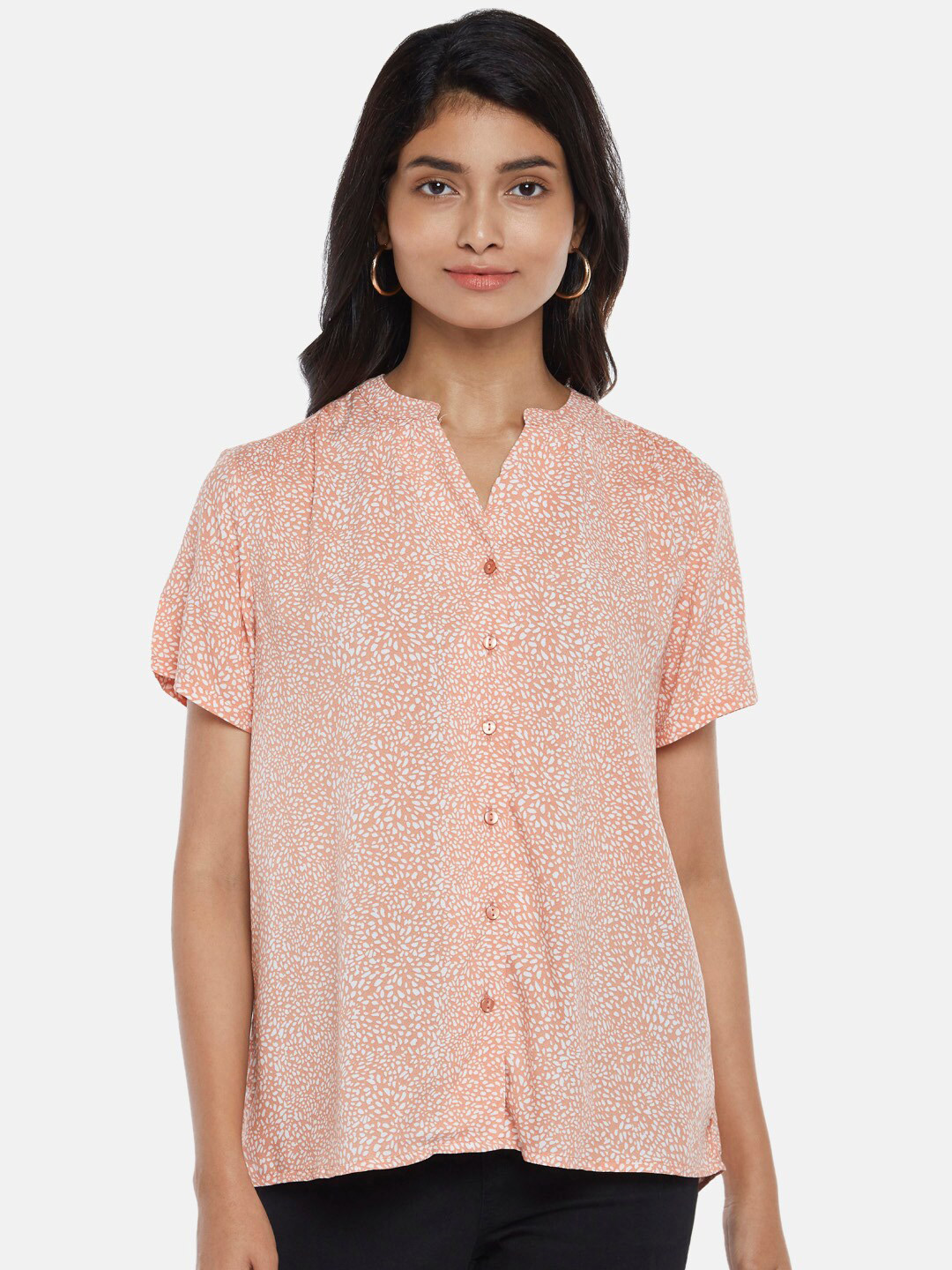 Honey by Pantaloons Peach & White Mandarin Printed Collar Tunic