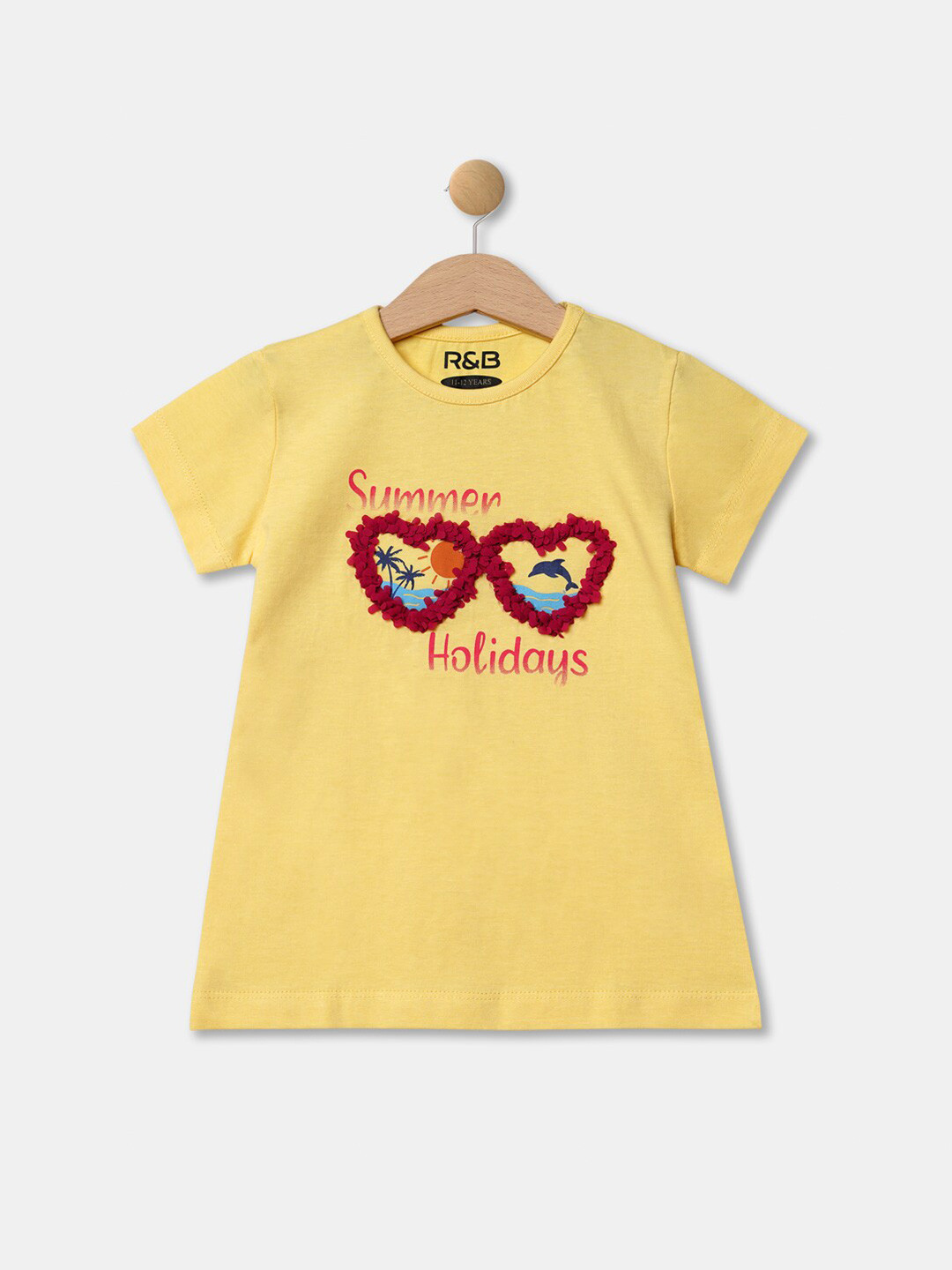 R&B Girls Yellow Printed Applique T-shirt