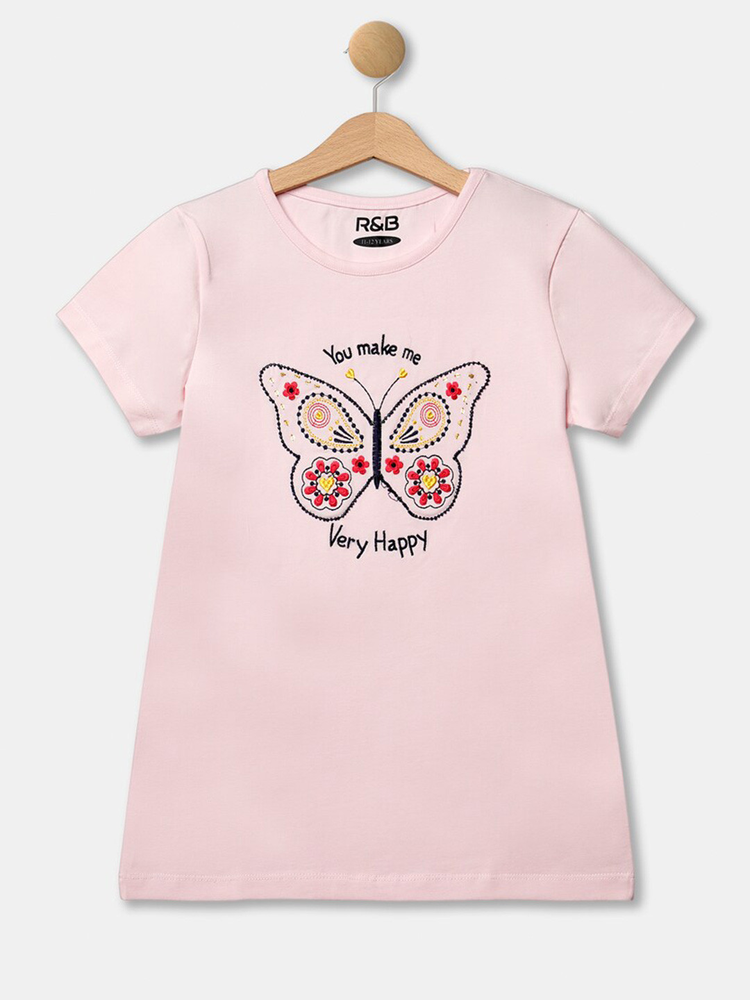 R&B Girls Pink Typography Printed Applique T-shirt