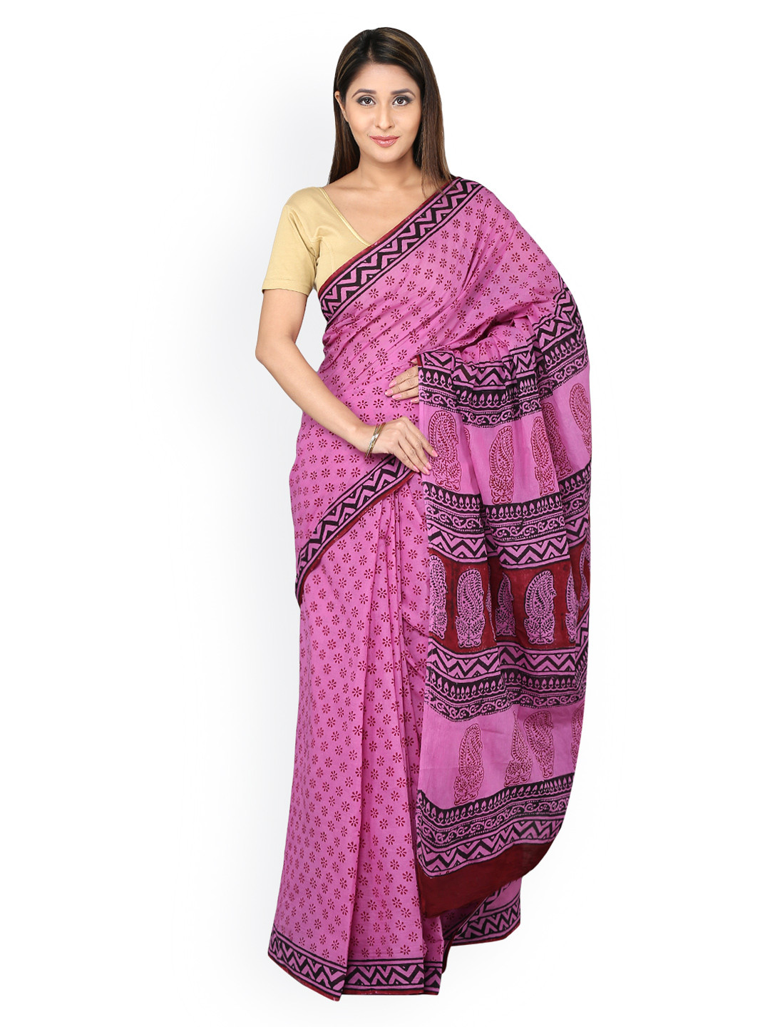 Kalakari India Pink Bagh Hand Block Print Handcrafted Cotton Sustainable Saree
