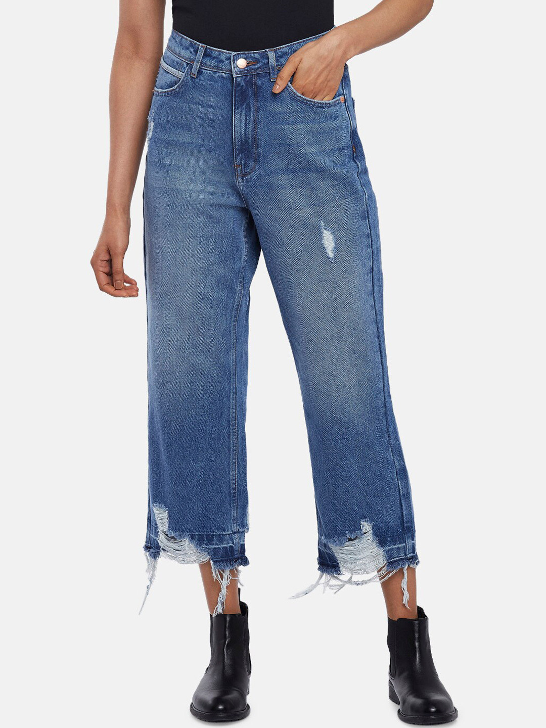 SF JEANS by Pantaloons Women Blue Wide Leg High-Rise Mildly Distressed Light Fade Jeans