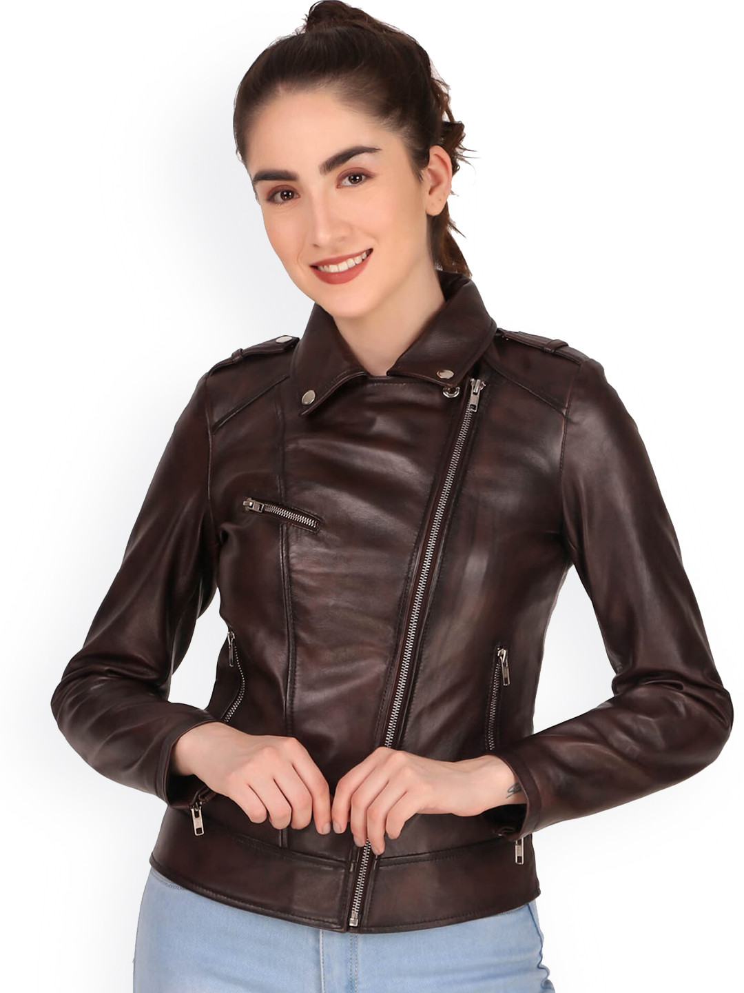 Leather Retail Women Coffee Brown Leather Outdoor Biker Jacket