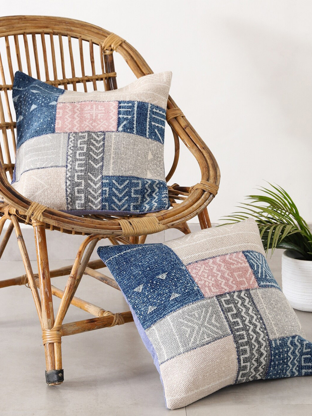 HANDICRAFT PALACE Hand Block Patchwork Dari Geometric Cotton 2 Pcs Textured Cushion Covers - 17.7 x 17.7 In