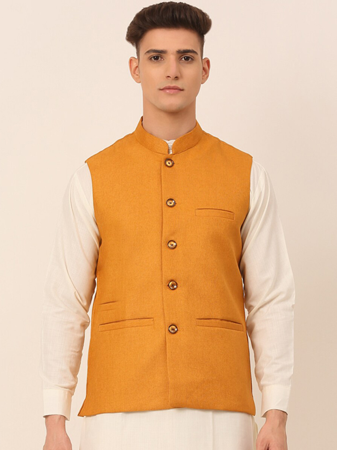 Jompers Men Mustard-Yellow Solid Woven Nehru Jacket