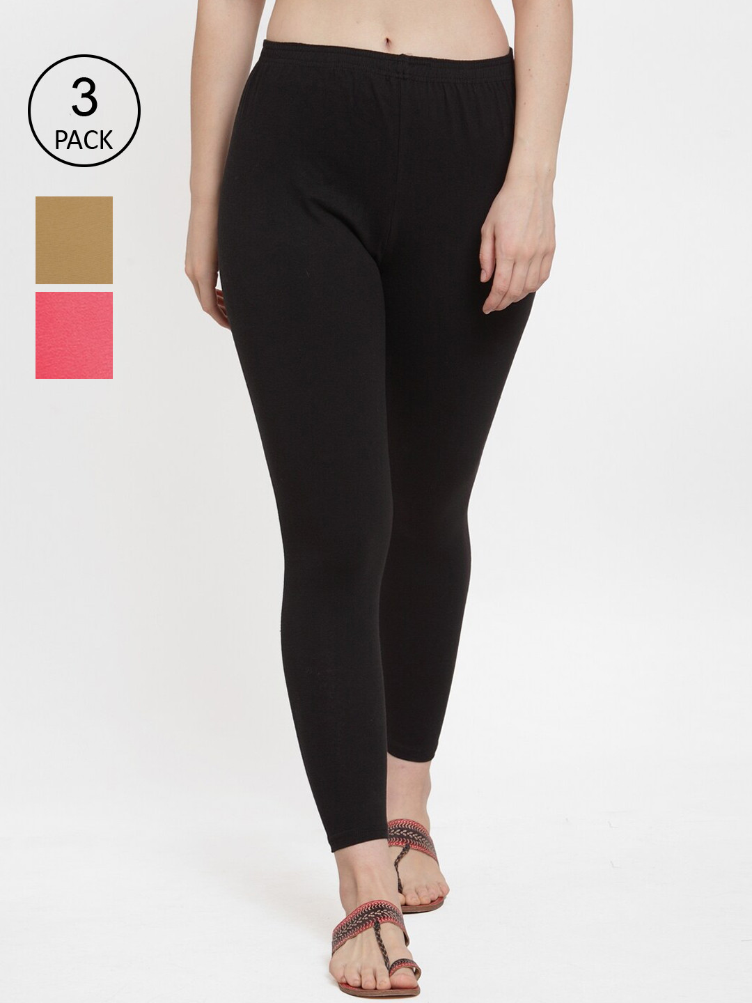 GRACIT Women Pack Of 3 Solid Black, Peach, Dark Skin Ankle-Length Leggings