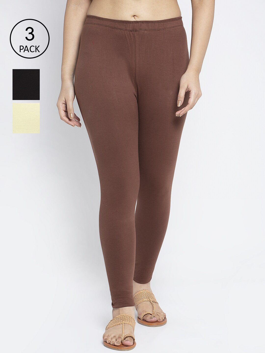 GRACIT Women Pack Of 3 Black, Cream & Brown Solid Ankle Length Leggings