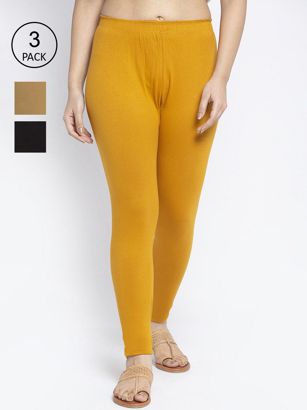 GRACIT Women Pack of 3 Black & Mustard Yellow Leggings