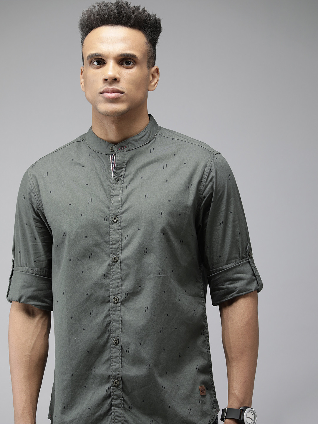 Roadster Men Olive Green Standard Printed Pure Cotton Casual Shirt