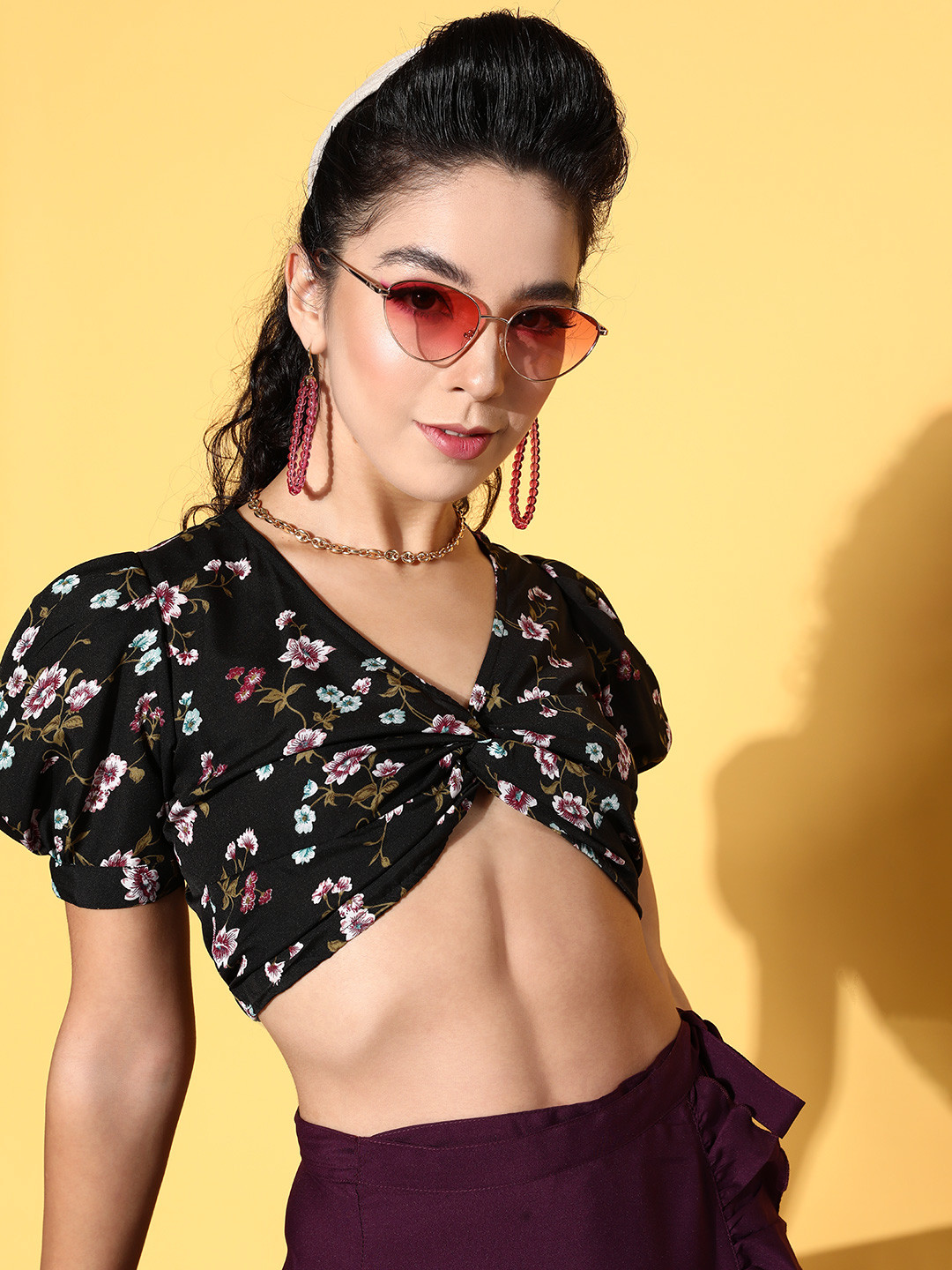 U&F Black Floral Bustier Crop Top