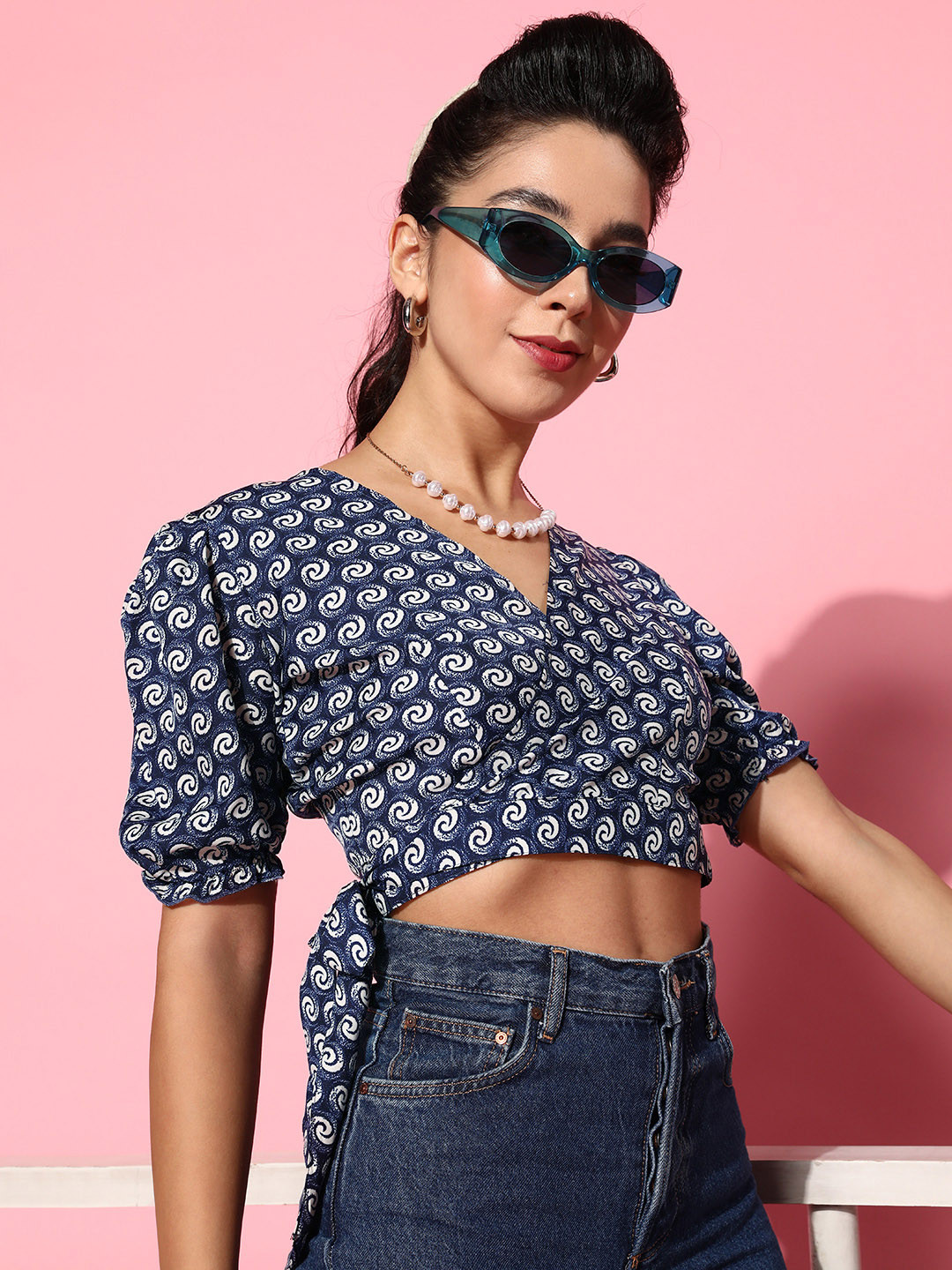 U&F Navy Blue Geometric Wrap it Up Top