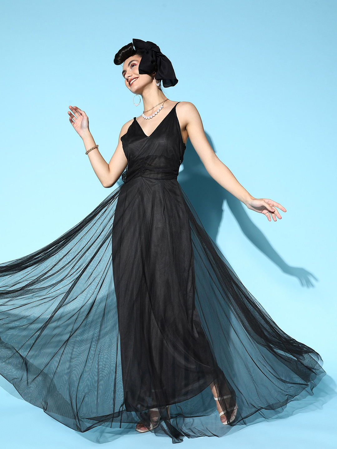 U&F Women Classy Black Solid Elevated Gown Dress