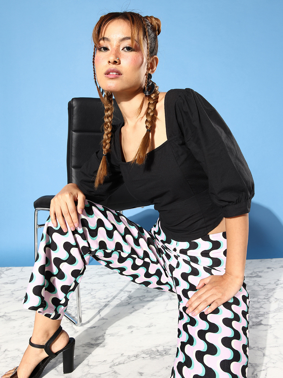 People Black Smocked Puff Sleeves Crop Top