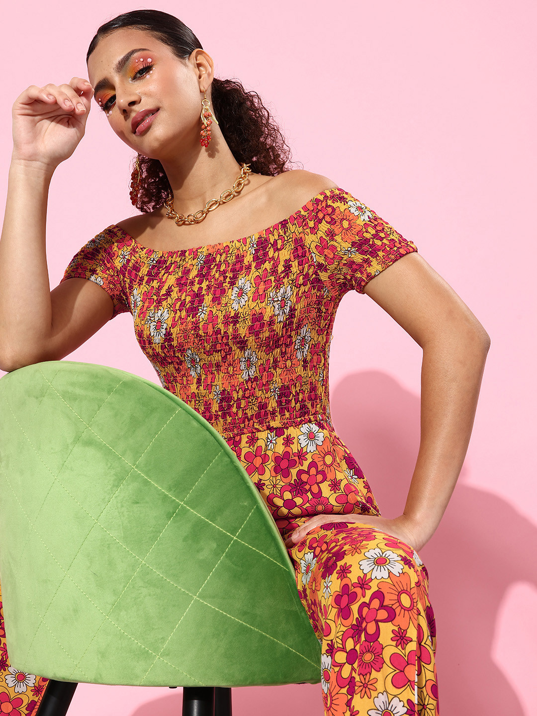 People Women Stylish Mustard Printed New Neckline Jumpsuit