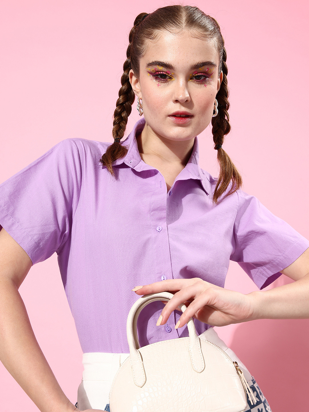 People Women Charming Lavender Solid Statement Collar Shirt