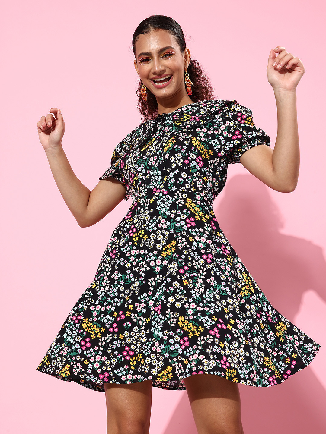 People Women Black Floral Statement Collar Dress